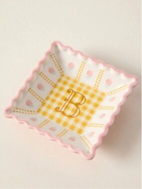Anthropologie Monogram B Stoneware Trinket Dish Dice Holder In Pink & Yellow